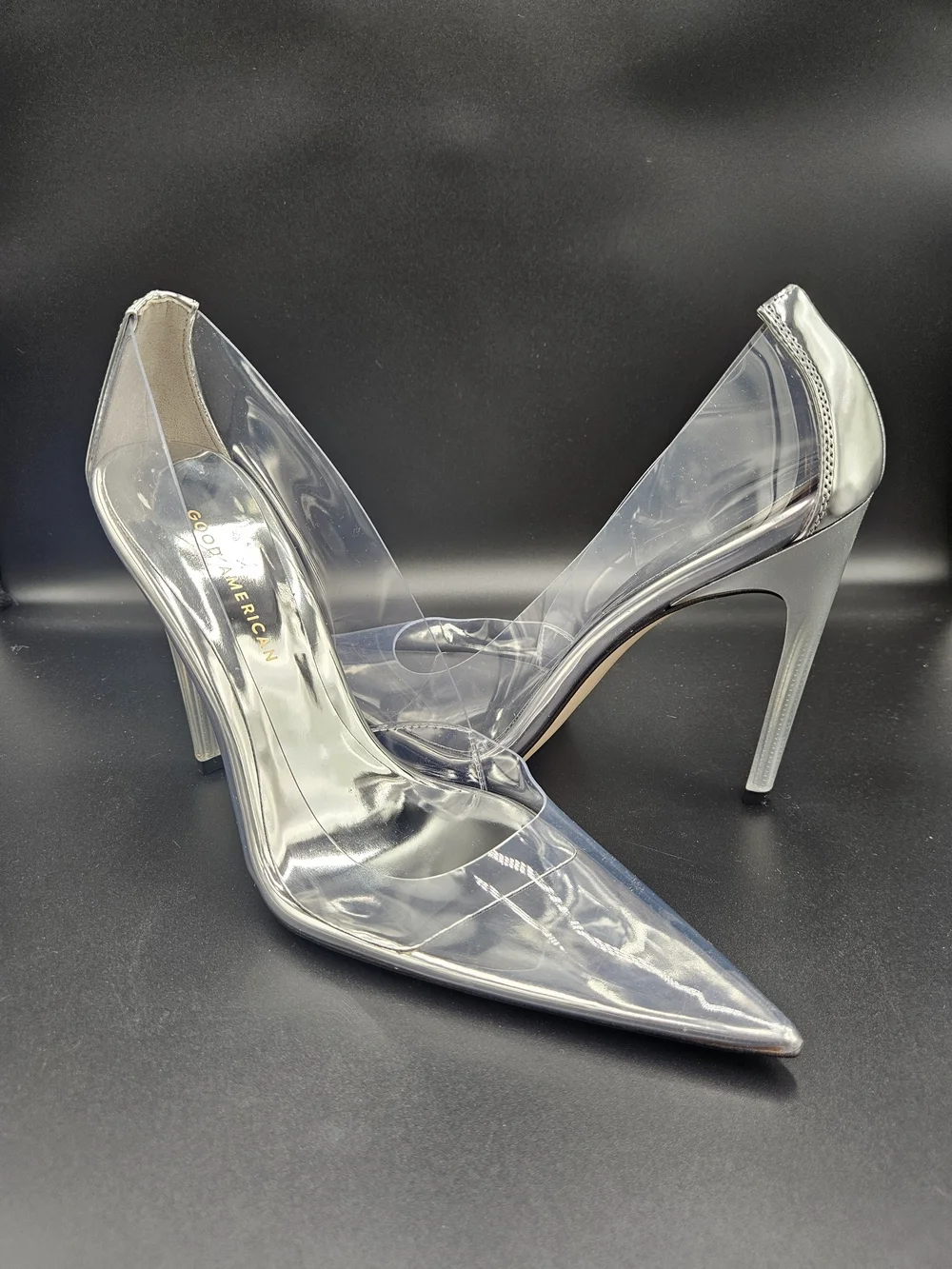 Good American Clear PVC Stiletto Heels Silver Pointed Toe Pumps Size 9.5